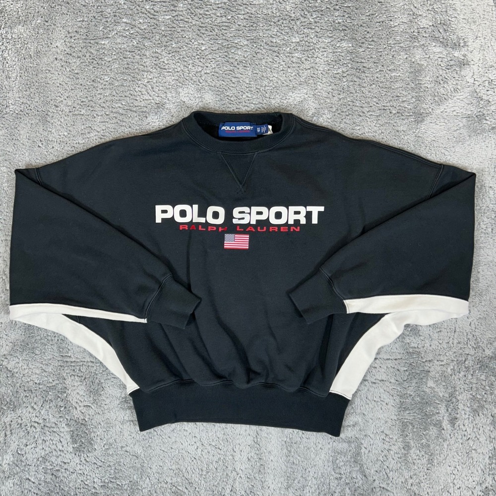 Polo Sport Ralph Lauren Womens XS Black Crewneck Sweatshirt Logo Flag Graphic